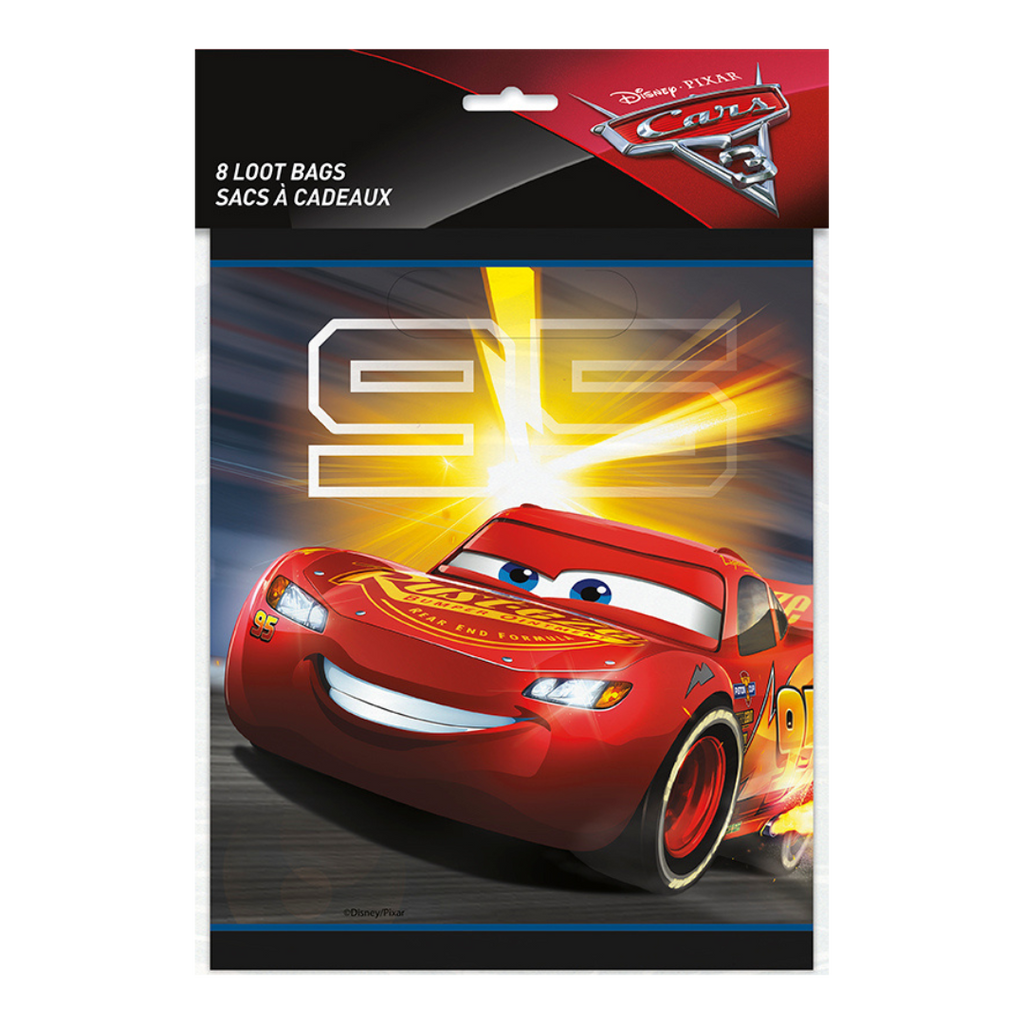 Red Cars themed loot bags featuring Lightning McQueen for kids birthday from Parte Haus party supply store in Bethesda MD