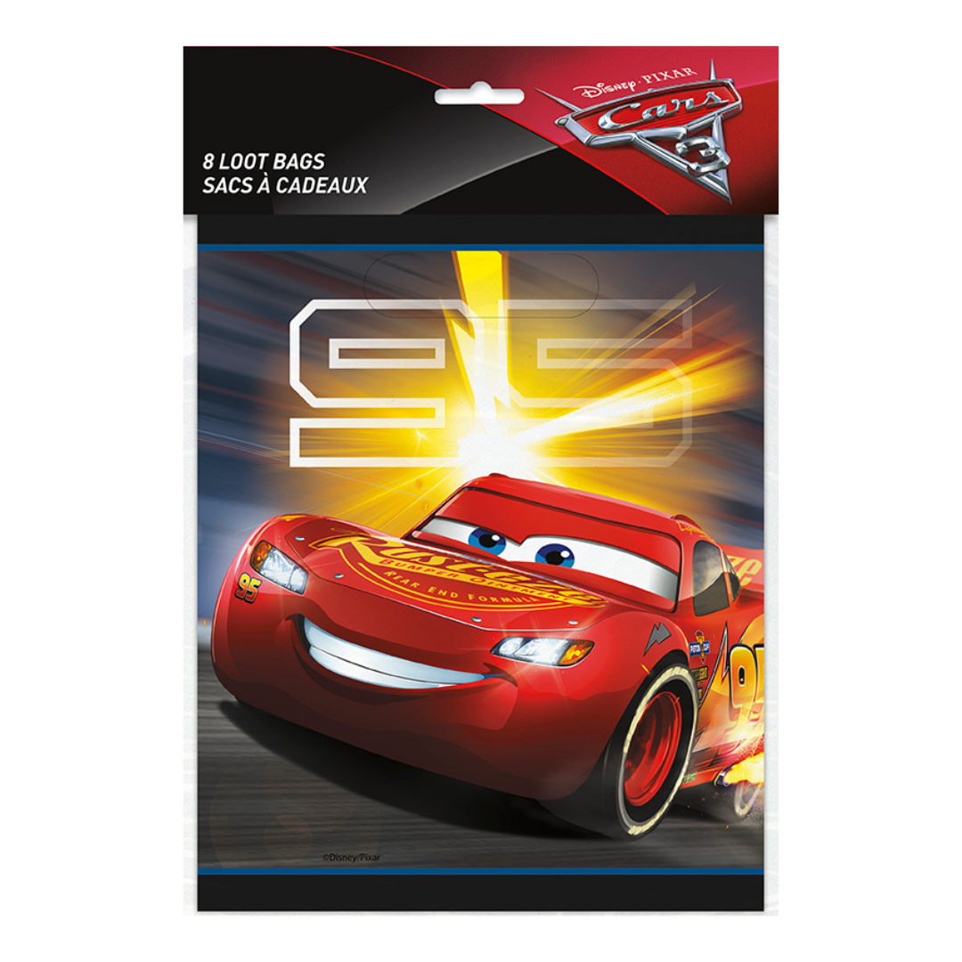 Red Cars themed loot bags featuring Lightning McQueen for kids birthday from Parte Haus party supply store in Bethesda MD
