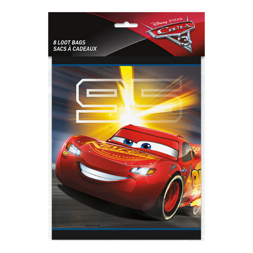 Red Cars themed loot bags featuring Lightning McQueen for kids birthday from Parte Haus party supply store in Bethesda MD