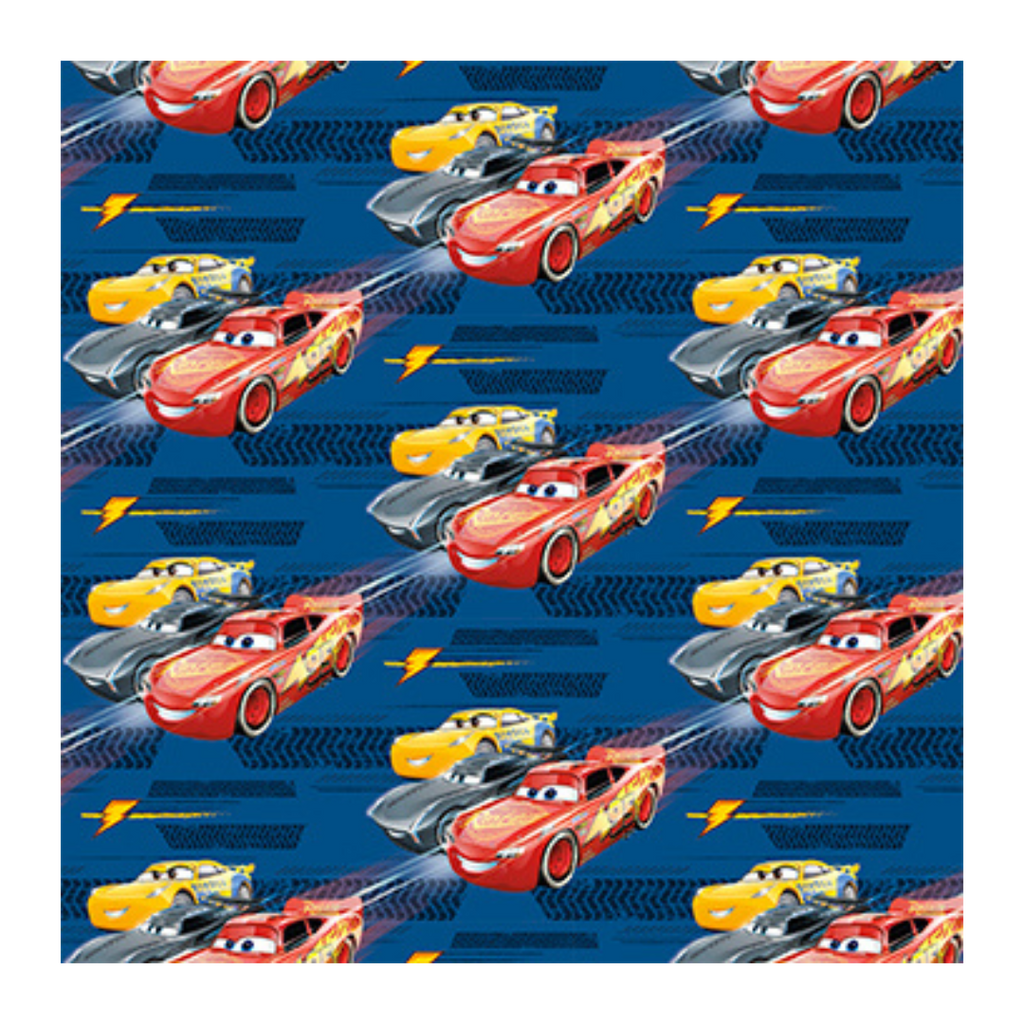 Blue Cars wrapping paper with animated race car print birthday theme from Parte Haus party supply store in Bethesda MD