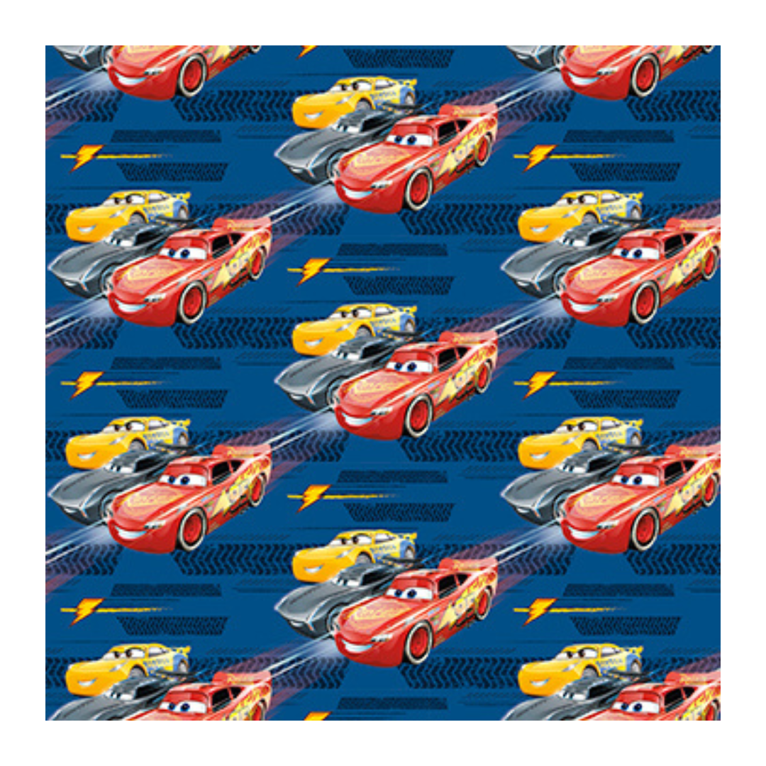 Blue Cars wrapping paper with animated race car print birthday theme from Parte Haus party supply store in Bethesda MD