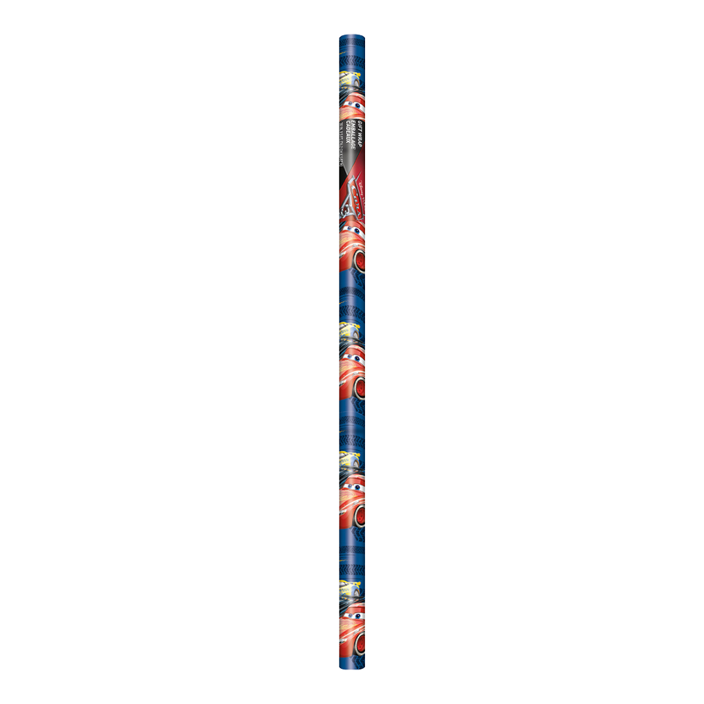 Blue Cars gift wrap roll with animated red race cars for kids birthday from Parte Haus party supply store in Bethesda MD