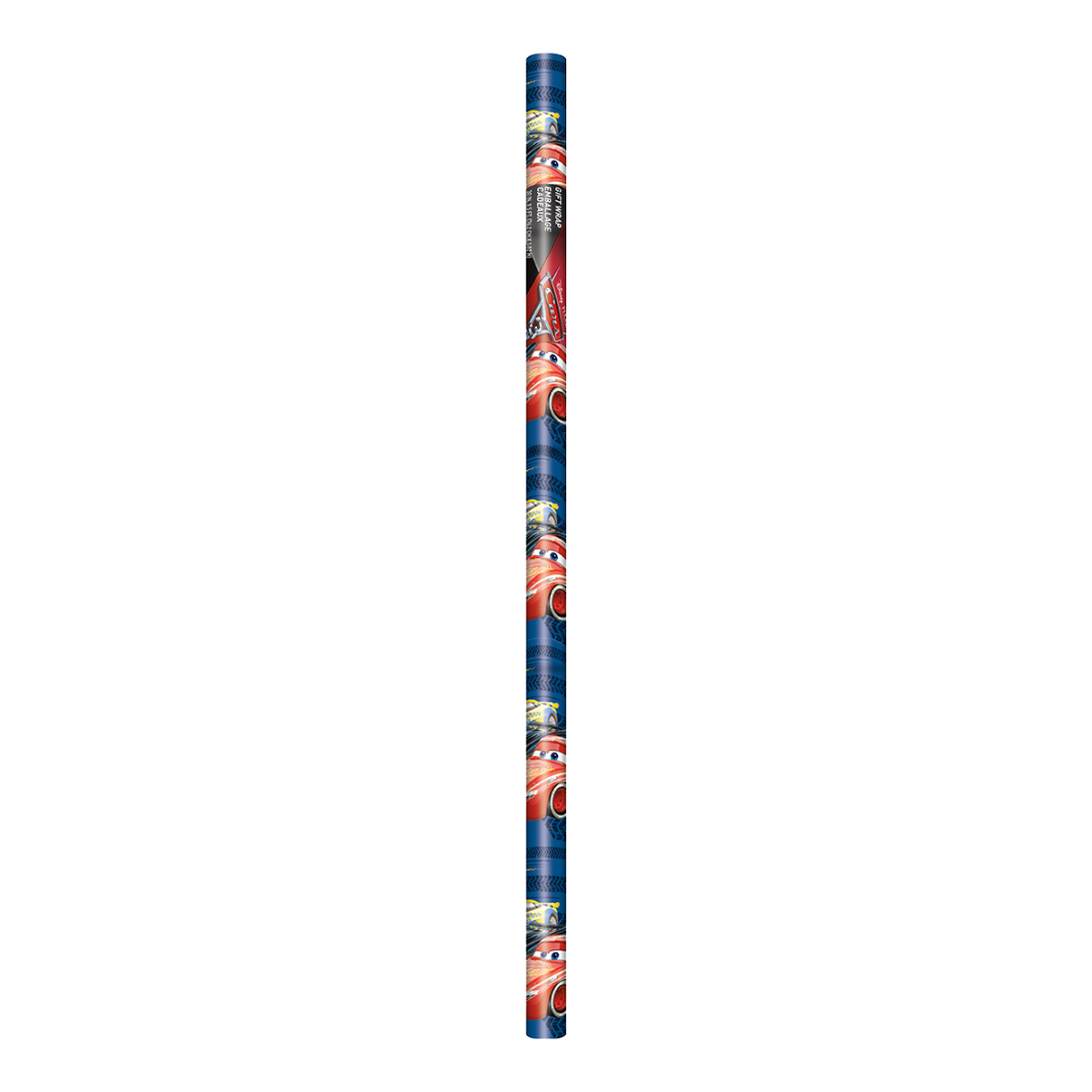 Blue Cars gift wrap roll with animated red race cars for kids birthday from Parte Haus party supply store in Bethesda MD