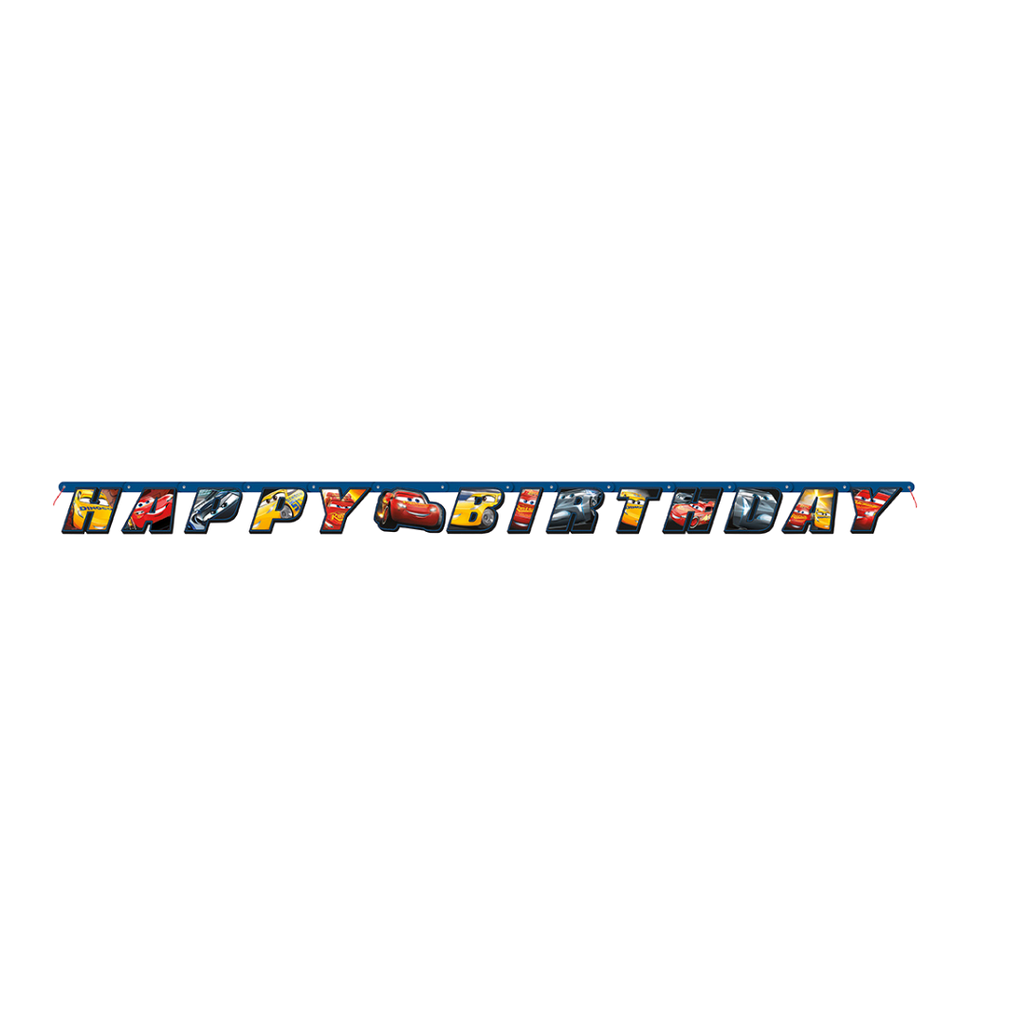 Colorful Cars banner with Cars characters and Happy Birthday message for kids birthday from Parte Haus party supply store in Bethesda MD.