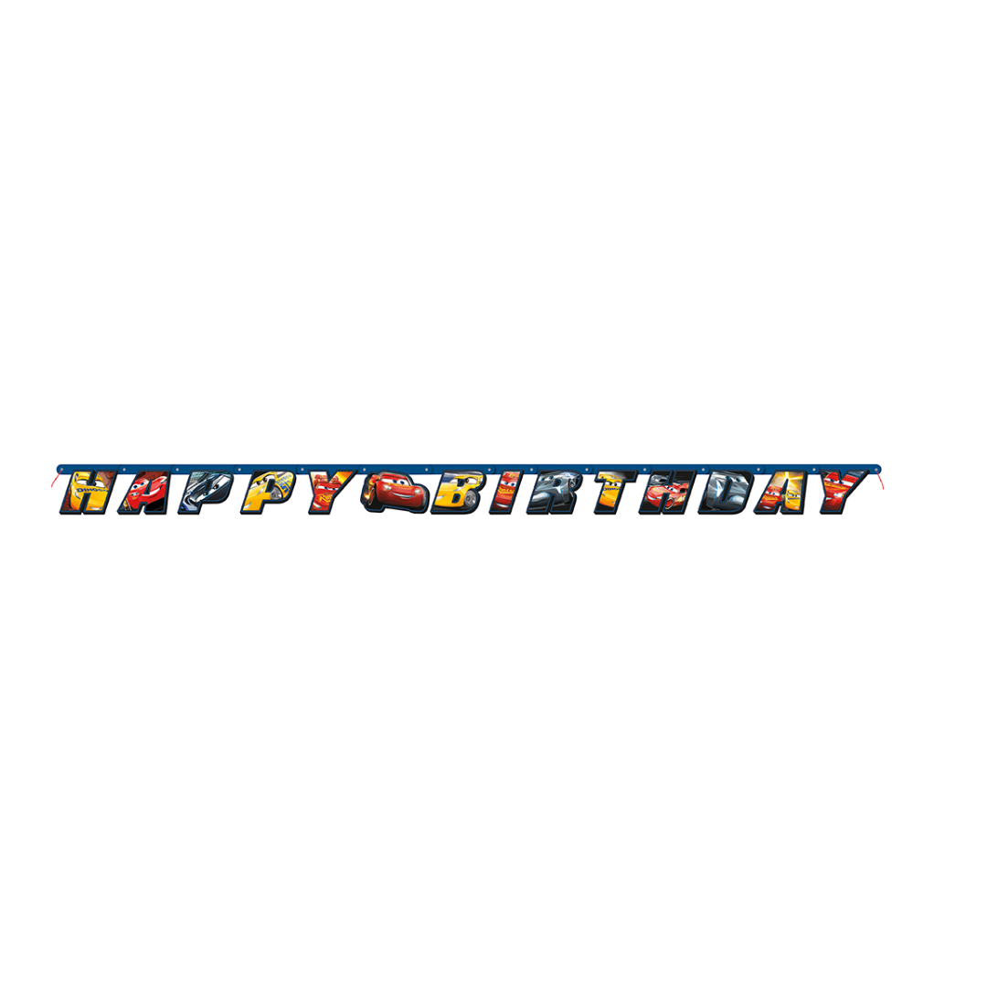Colorful Cars banner with Cars characters and Happy Birthday message for kids birthday from Parte Haus party supply store in Bethesda MD.