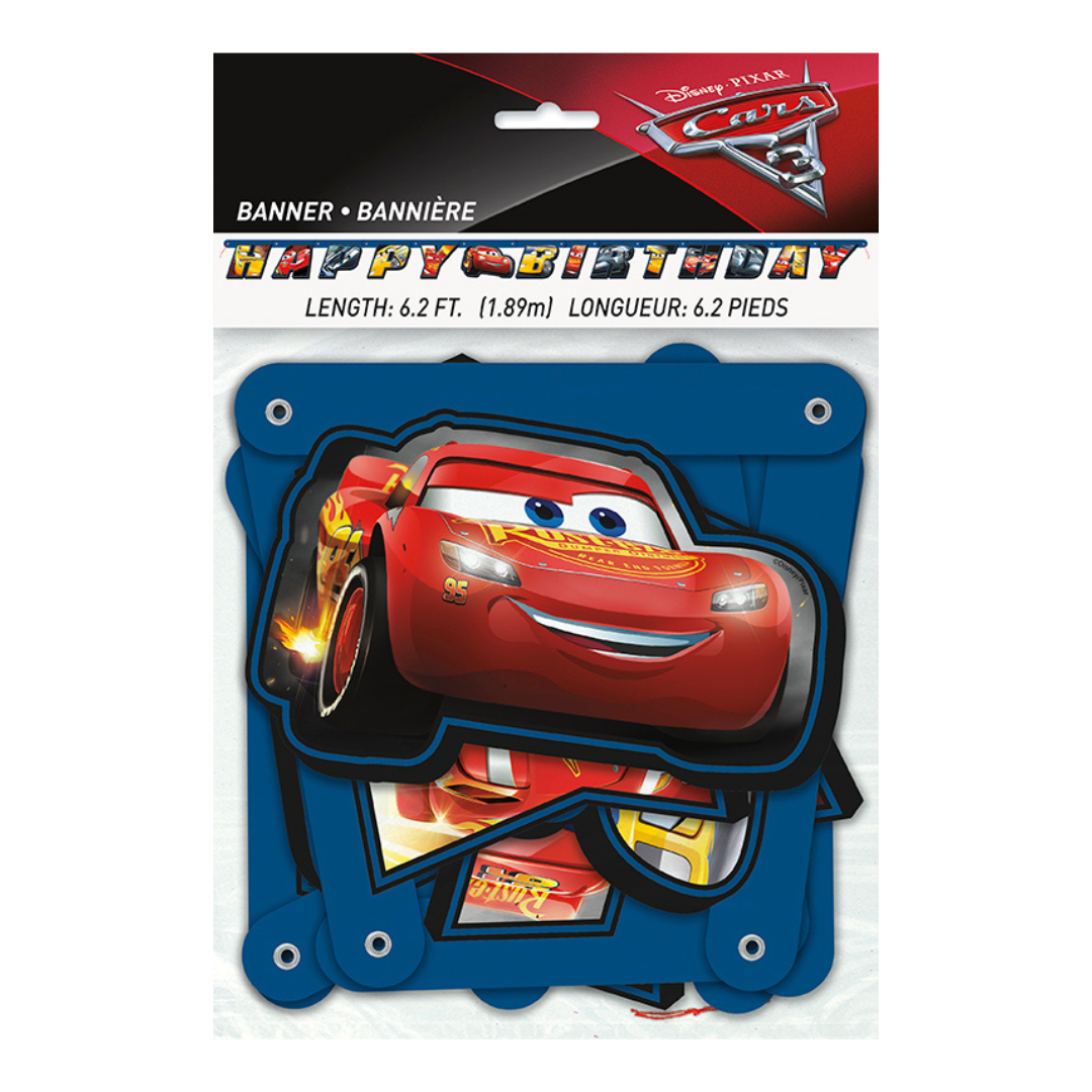 Red Cars birthday banner with Lightning McQueen for kids birthday from Parte Haus party supply store in Bethesda MD