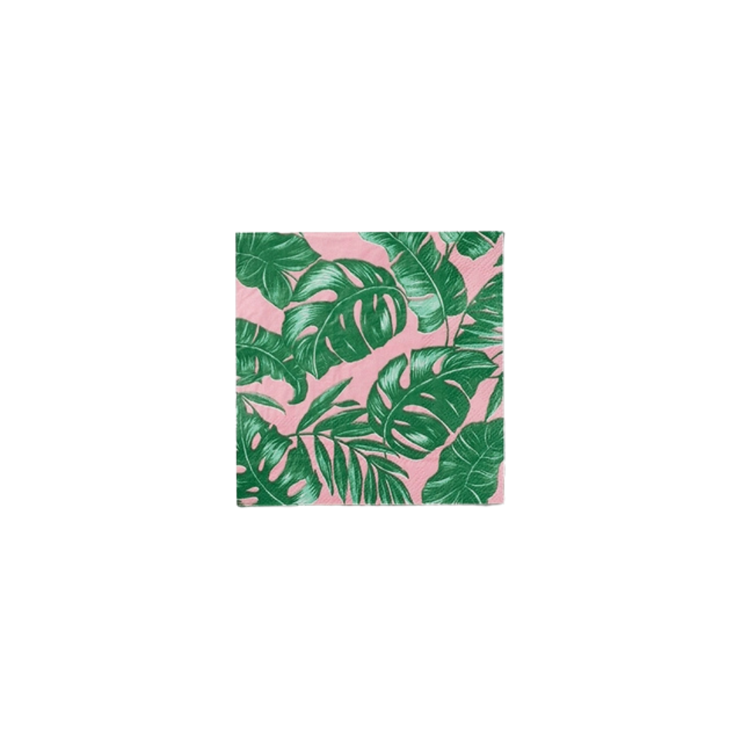 Pink and green tropical leaf napkin with botanical pattern luau theme from Parte Haus party supply store in Bethesda MD
