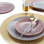 Gold and blush plastic dinnerware elegant place setting celebration from Parte Haus party supply store in Bethesda MD
