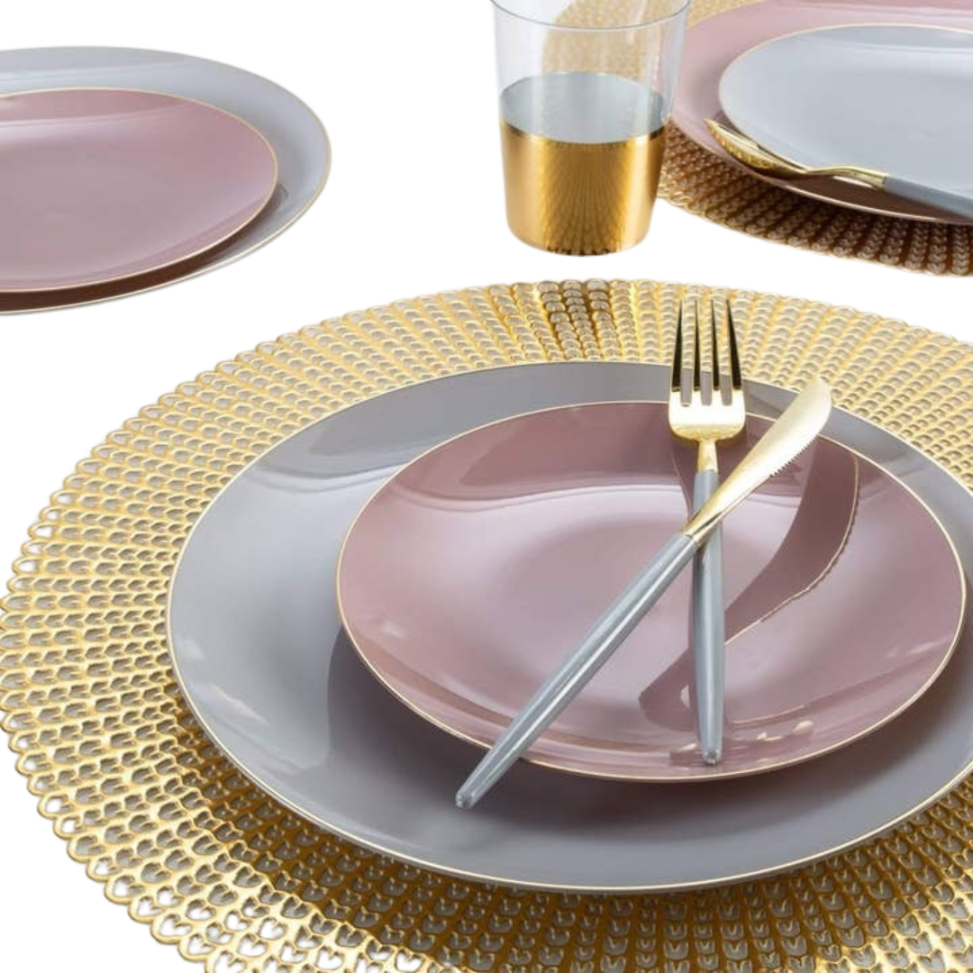 Gold and blush plastic dinnerware elegant place setting celebration from Parte Haus party supply store in Bethesda MD