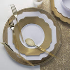 Gold and white dinnerware set with glitter cutlery elegant table setting for celebrations from Parte Haus party supply store in Bethesda Maryland
