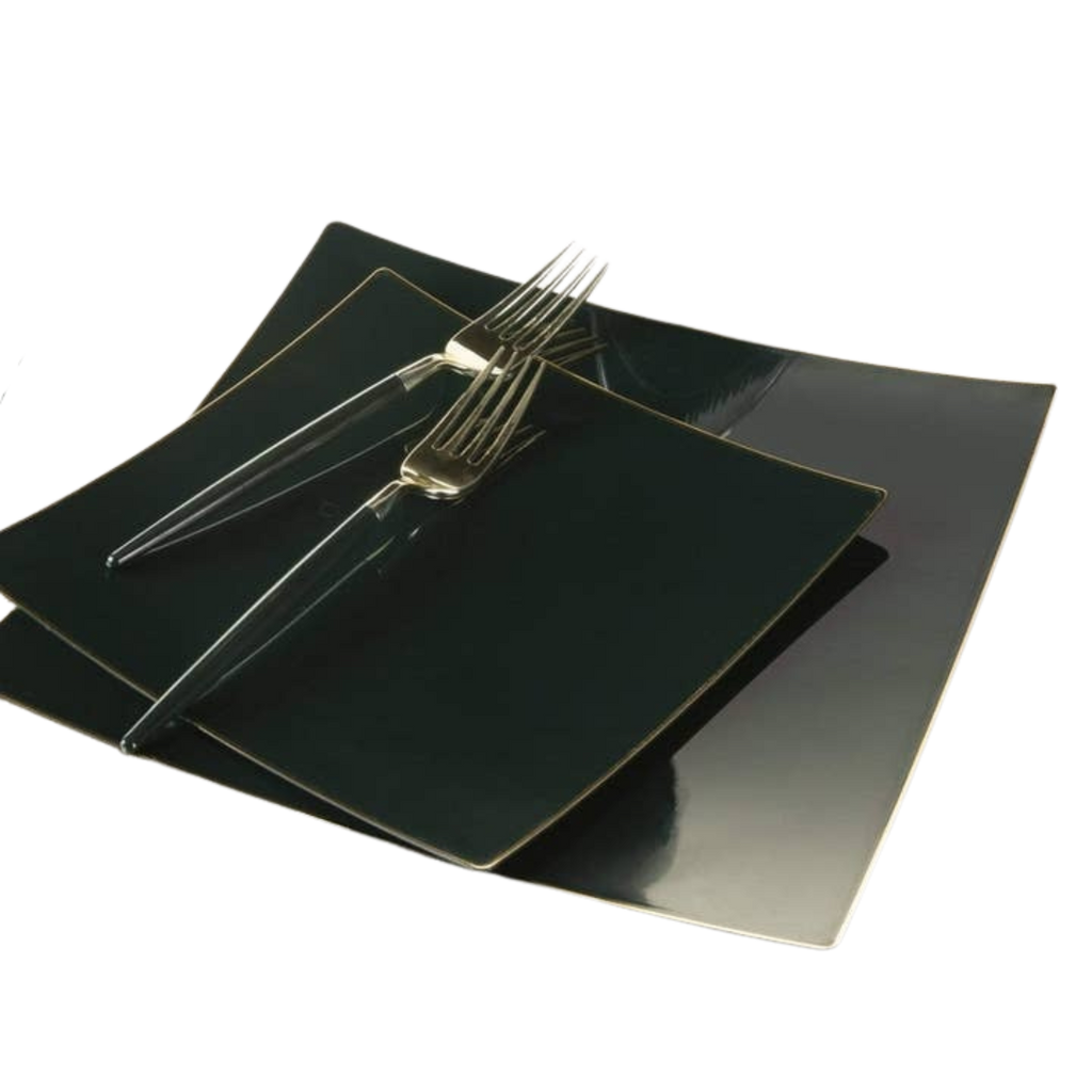 Black square plates and silver forks for elegant dinner parties from Parte Haus party supply store in Bethesda MD