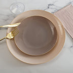 Blush pink plate set with gold cutlery elegant dinner tableware for celebrations from Parte Haus party supply store in Bethesda MD