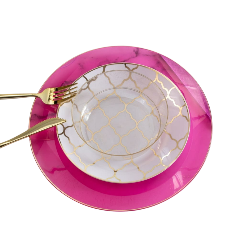 Pink and gold place setting with patterned plates and gold utensils birthday decor from Parte Haus party supply store in Bethesda MD
