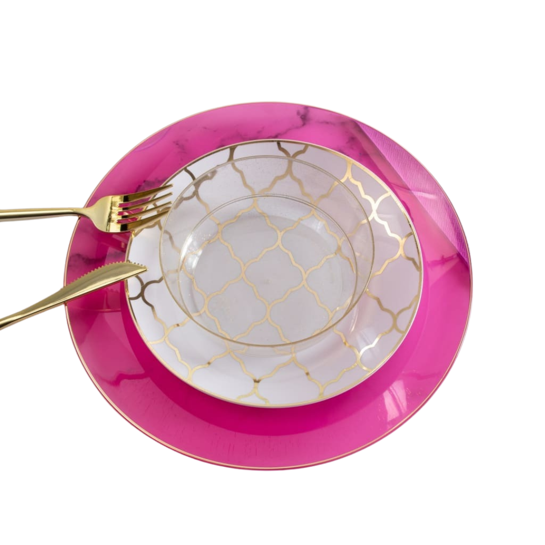 Pink and gold place setting with patterned plates and gold utensils birthday decor from Parte Haus party supply store in Bethesda MD