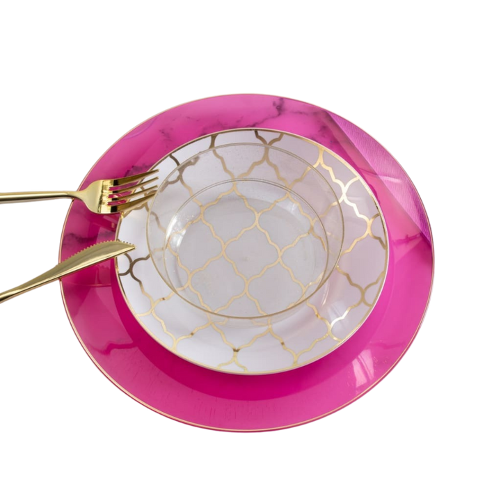 Transparent Hot Pink Gold Rimmed Plastic Plates