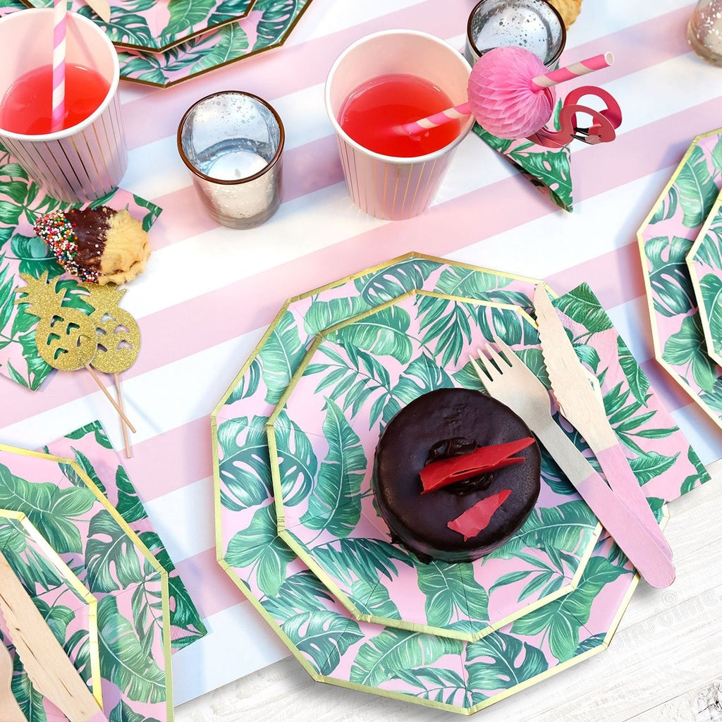 Pink and green tropical leaf plates with dessert and drink summer party theme from Parte Haus party supply store in Bethesda MD