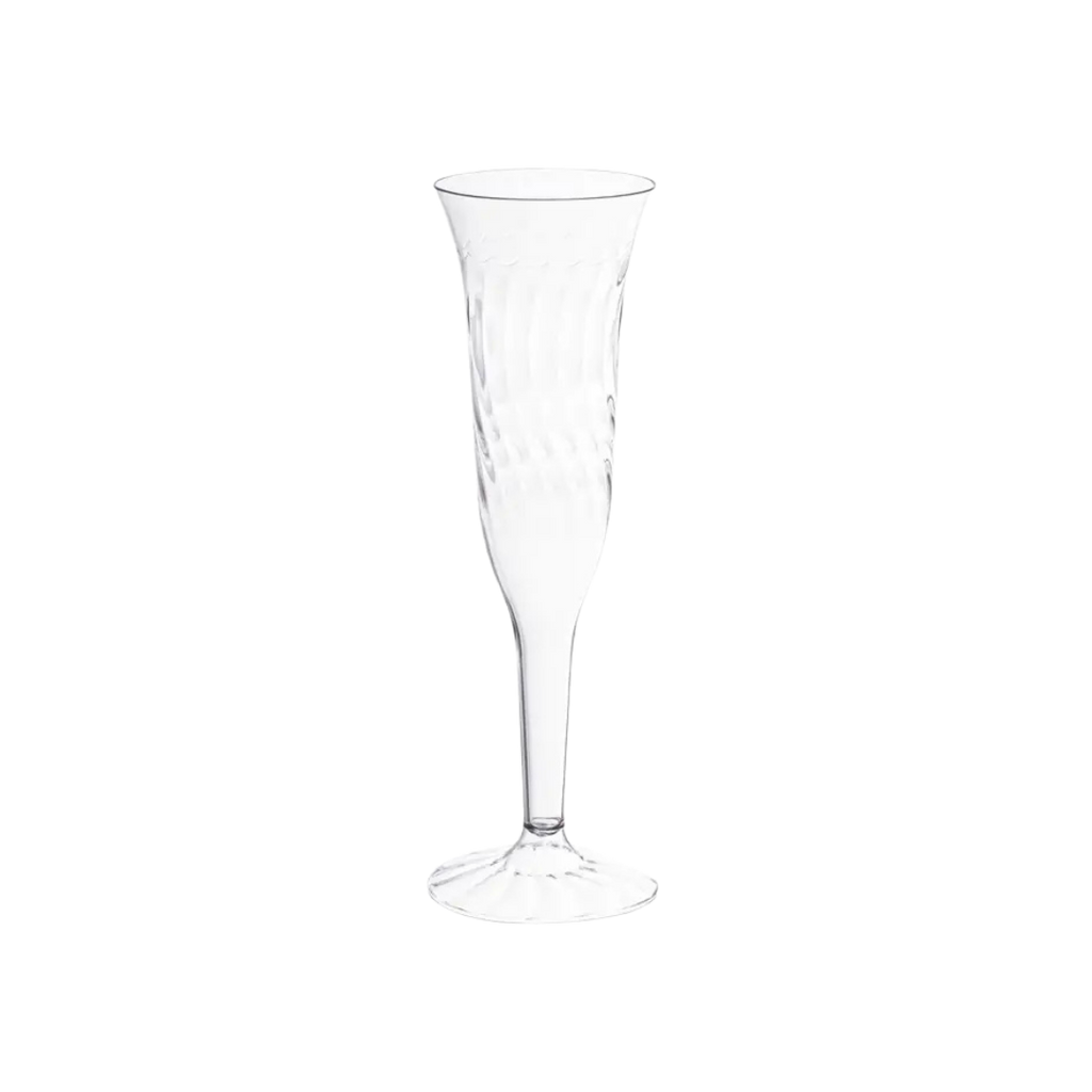 Clear plastic champagne flute with swirl design for celebrations from Parte Haus party supply store in Bethesda Maryland