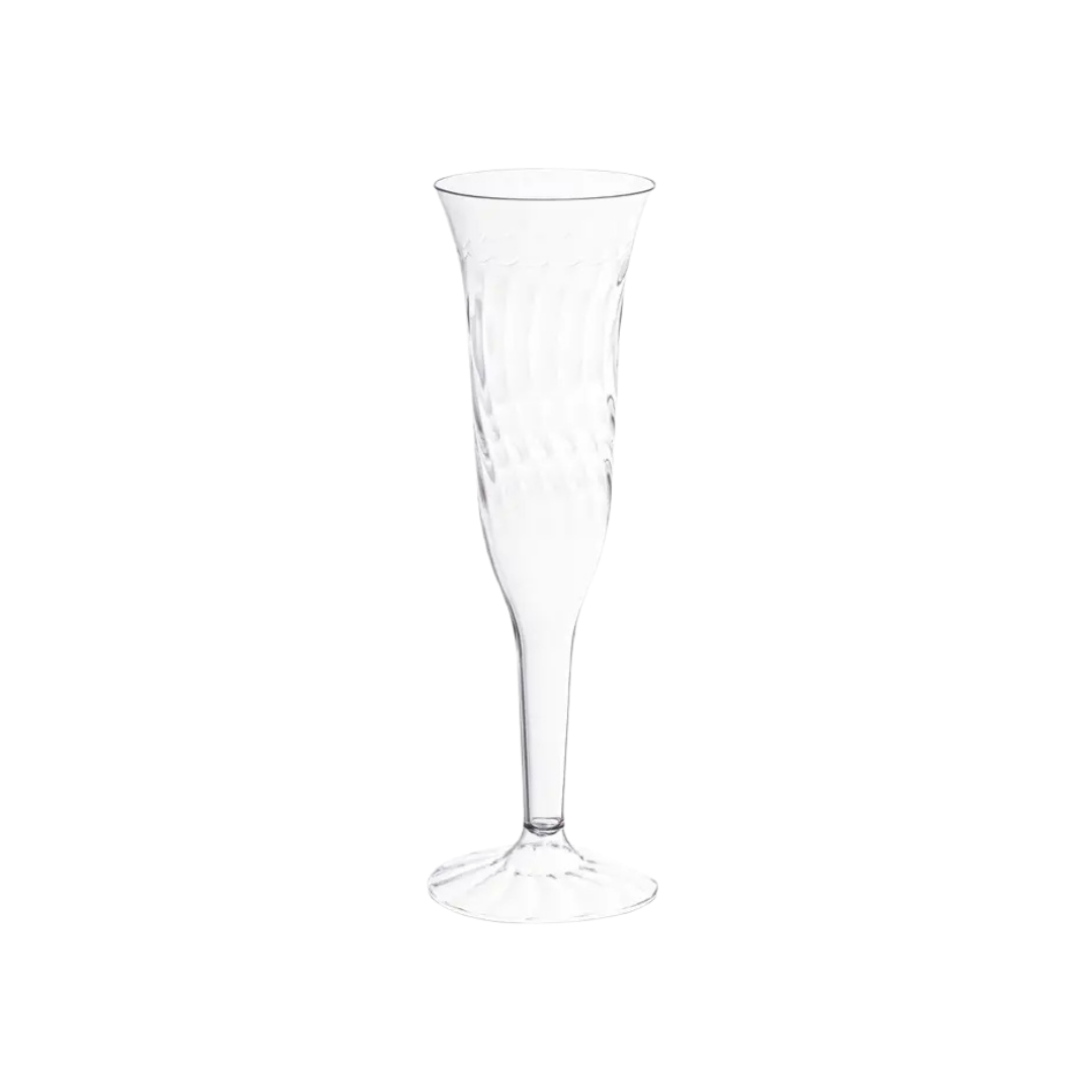 Clear plastic champagne flute with swirl design for celebrations from Parte Haus party supply store in Bethesda Maryland