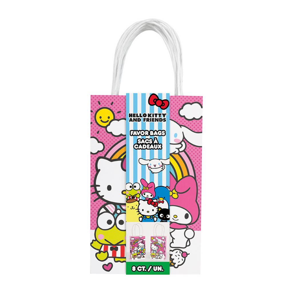 Pink Hello Kitty and Friends favor bag with rainbow cartoon print for birthday from Parte Haus party supply store in Bethesda Maryland