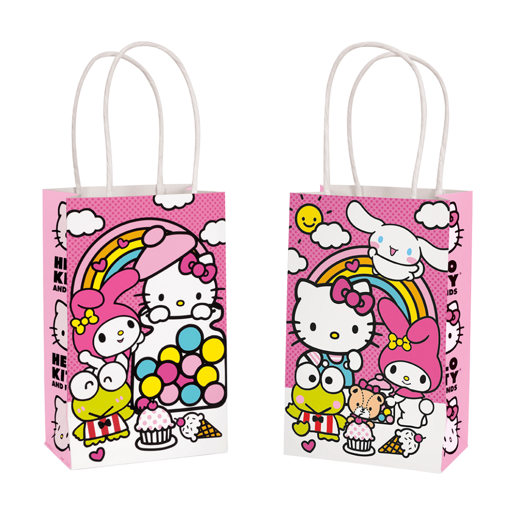 Pink Hello Kitty gift bag with cartoon characters rainbow and treats from Parte Haus party supply store in Bethesda MD
