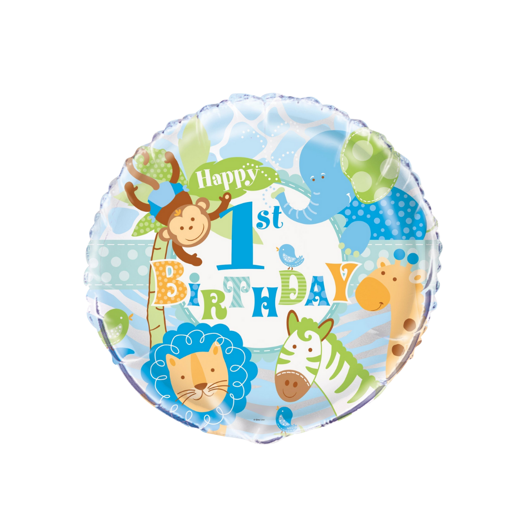 Blue first birthday balloon with jungle animals theme from Parte Haus party supply store in Bethesda MD