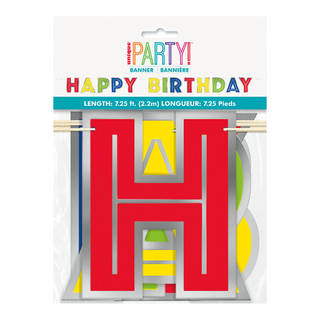 multicolor happy birthday banner with bold red and yellow letters birthday theme from Parte Haus party supply store in Bethesda MD