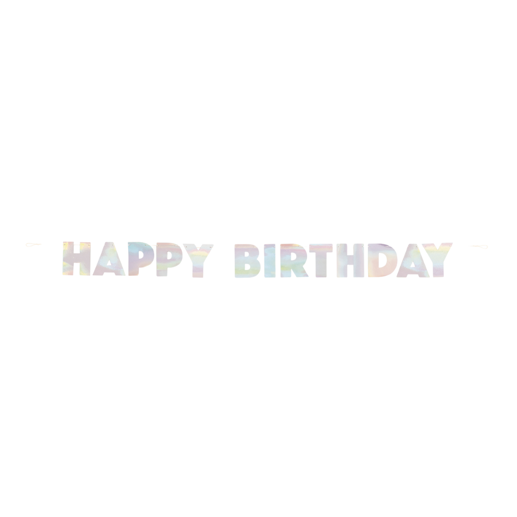 Iridescent happy birthday banner with cutout letters for birthday from Parte Haus party supply store in Bethesda MD