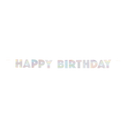 Iridescent happy birthday banner with cutout letters for birthday from Parte Haus party supply store in Bethesda MD