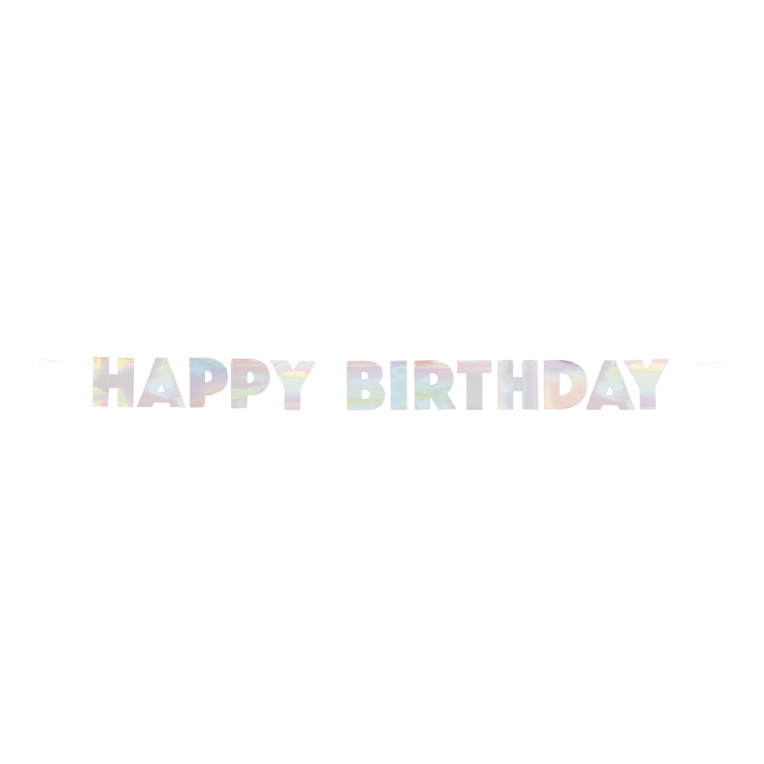 Iridescent happy birthday banner with cutout letters for birthday from Parte Haus party supply store in Bethesda MD