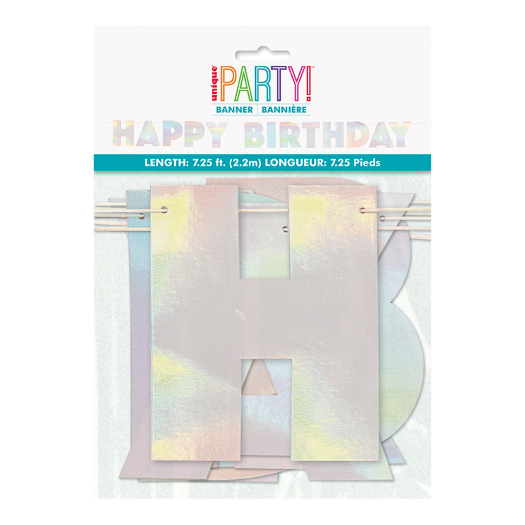 Iridescent happy birthday banner with large holographic letters birthday theme from Parte Haus party supply store in Bethesda MD