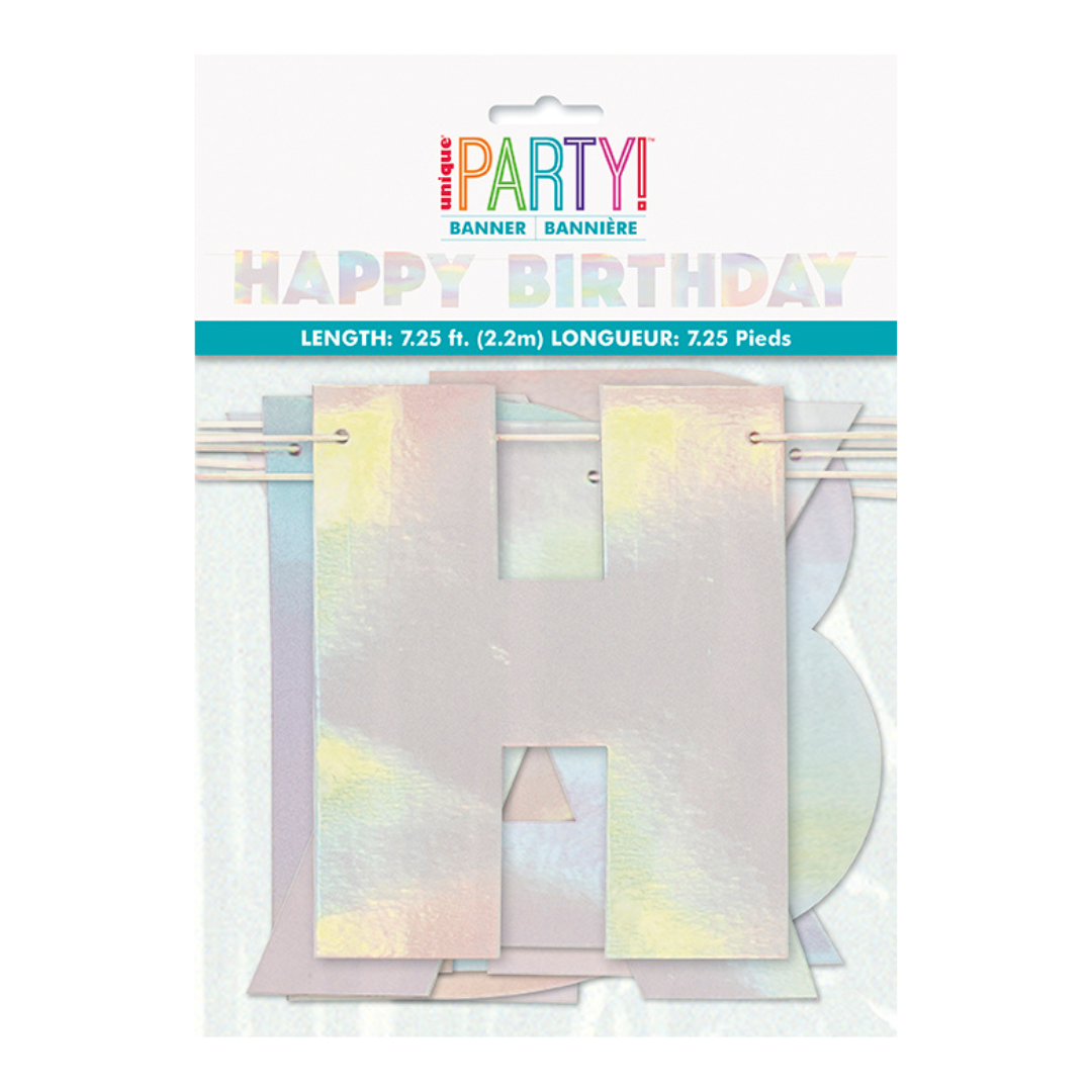 Iridescent happy birthday banner with large holographic letters birthday theme from Parte Haus party supply store in Bethesda MD