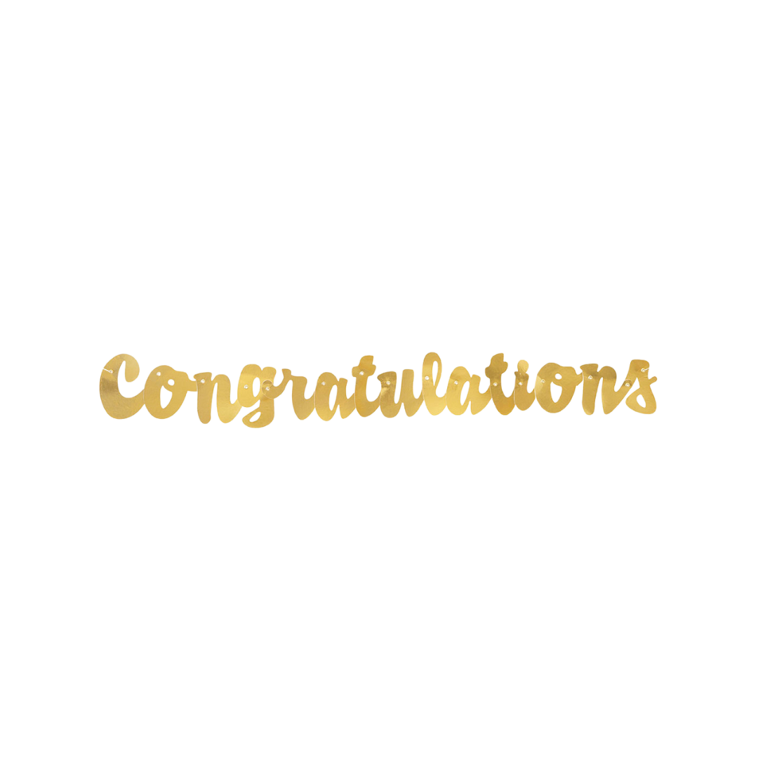 Gold congratulations script banner graduation theme from Parte Haus party supply store in Bethesda Maryland