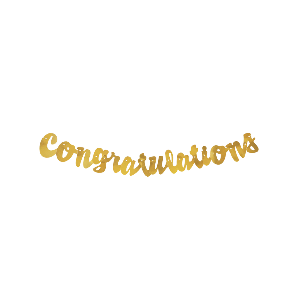 Gold congratulations banner with script letters for celebration from Parte Haus party supply store in Bethesda MD