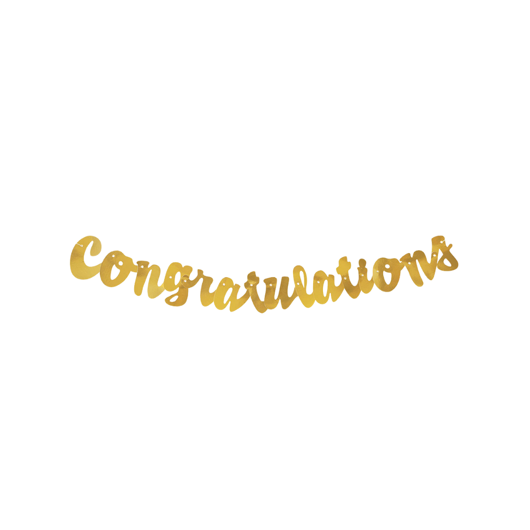Gold congratulations banner with script letters for celebration from Parte Haus party supply store in Bethesda MD