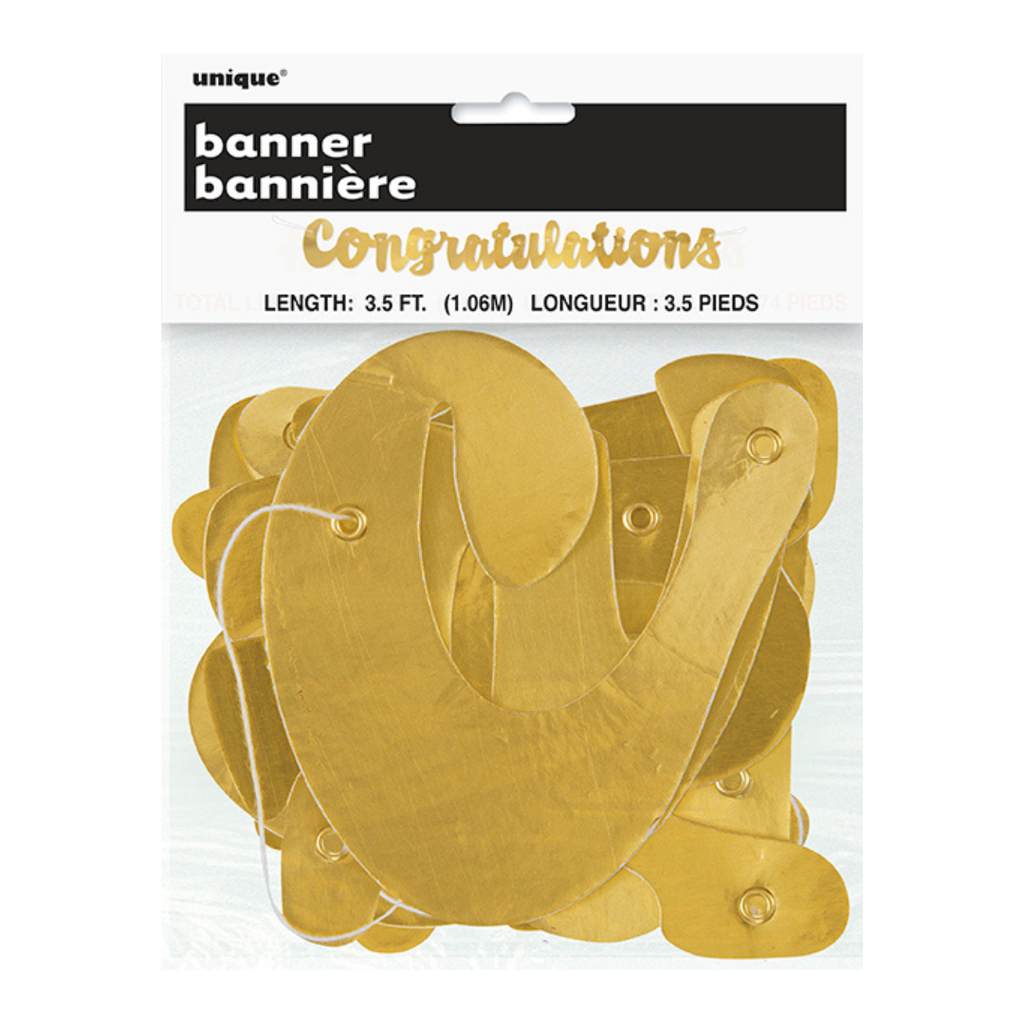 Gold congratulations banner with cutout letters for graduation from Parte Haus party supply store in Bethesda MD.