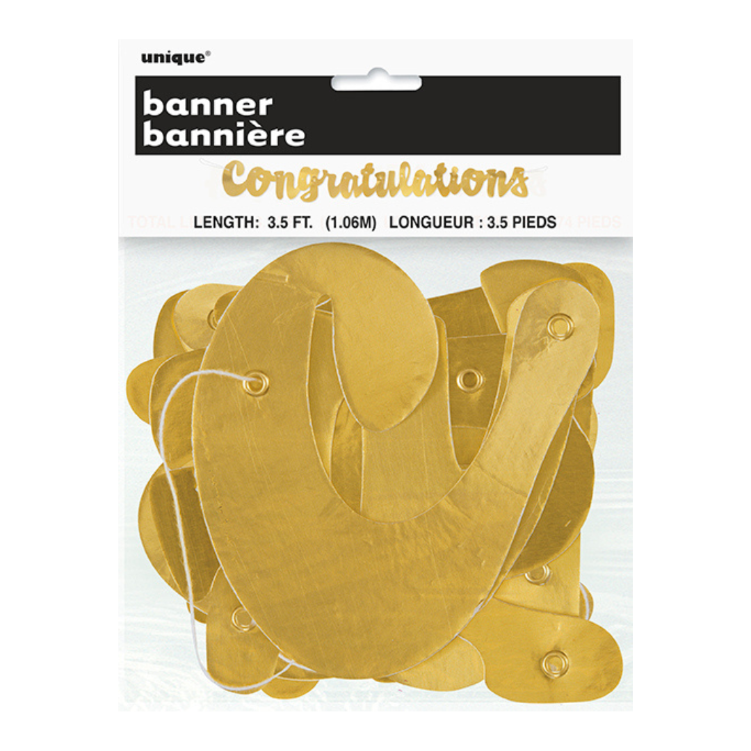 Gold congratulations banner with cutout letters for graduation from Parte Haus party supply store in Bethesda MD.