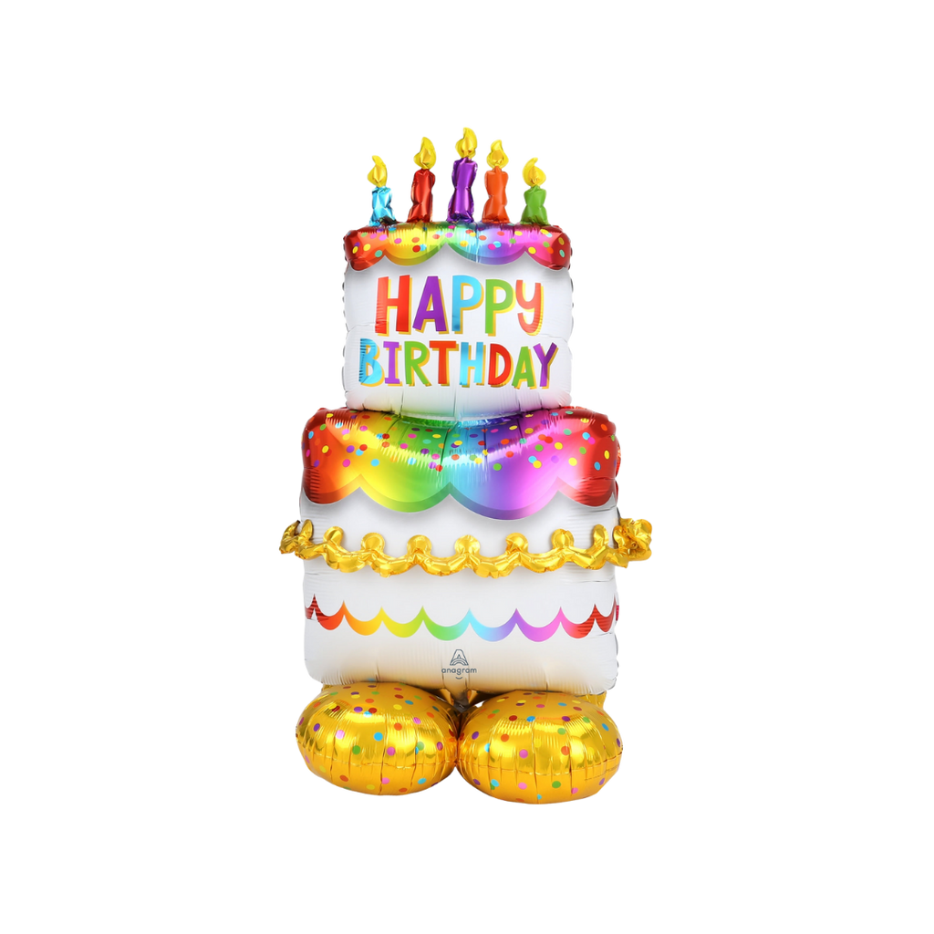 Rainbow birthday cake balloon with candles for birthday celebration from Parte Haus party supply store in Bethesda Maryland