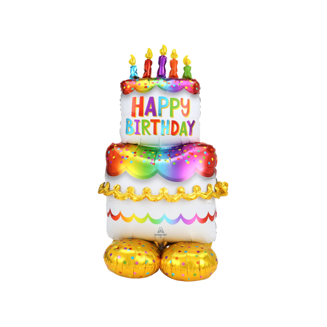 Rainbow birthday cake balloon with candles for birthday celebration from Parte Haus party supply store in Bethesda Maryland