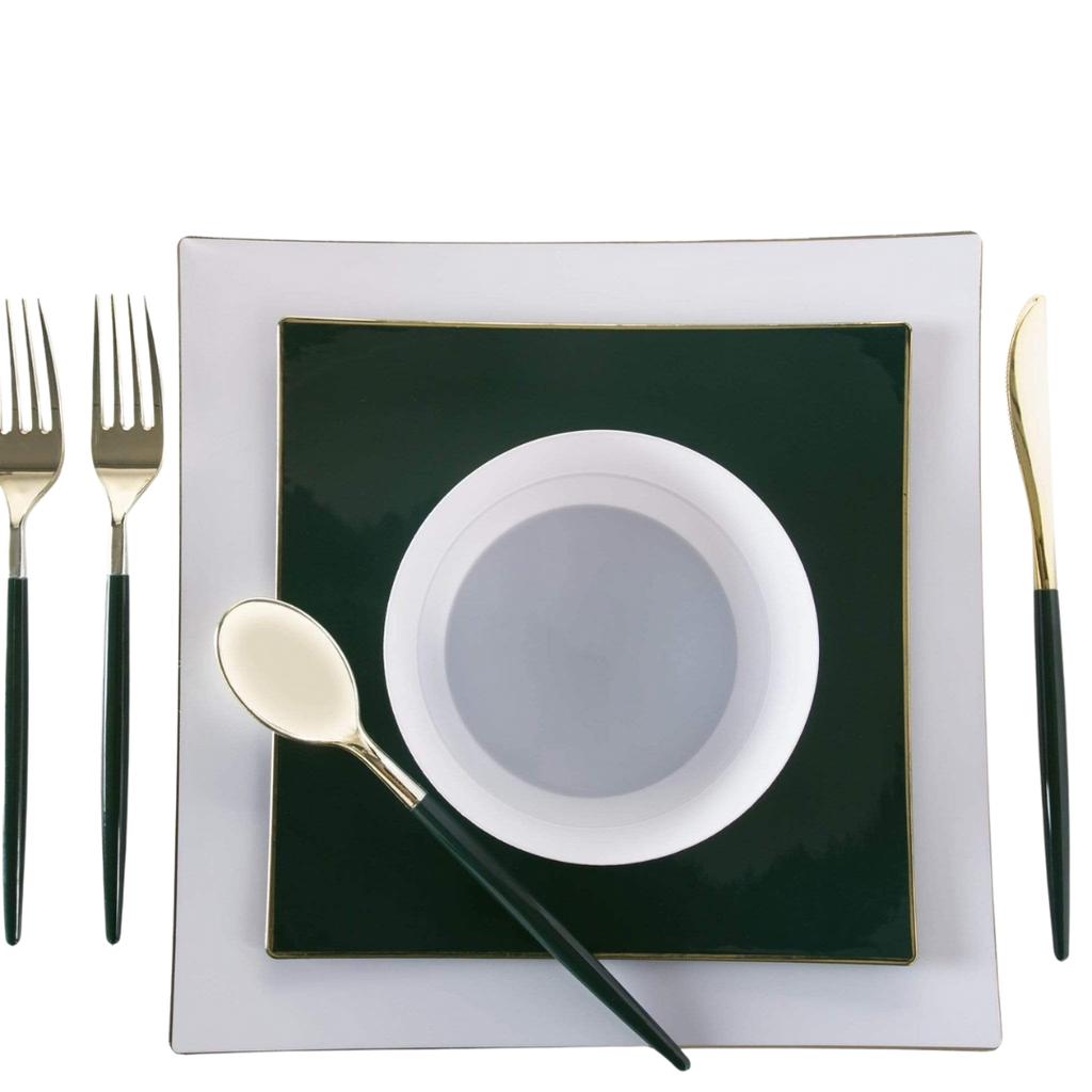 Black and white dinnerware set with gold rim bowl elegant table setting from Parte Haus party supply store in Bethesda MD