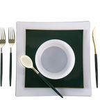 Black and white dinnerware set with gold rim bowl elegant table setting from Parte Haus party supply store in Bethesda MD
