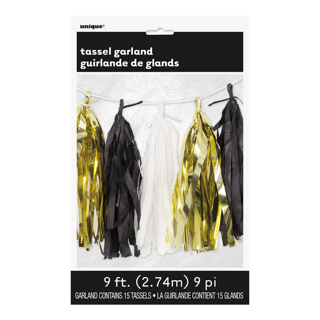 Gold, Black, & White Foil & Tissue Tassel Garland