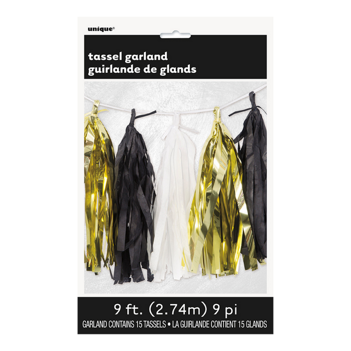 Gold, Black, & White Foil & Tissue Tassel Garland