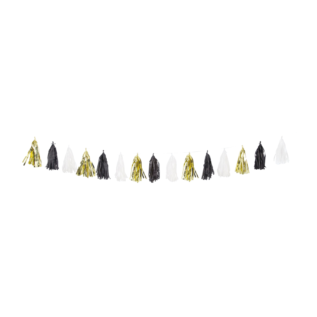 Black gold and white tassel garland banner for celebration decor from Parte Haus party supply store in Bethesda MD
