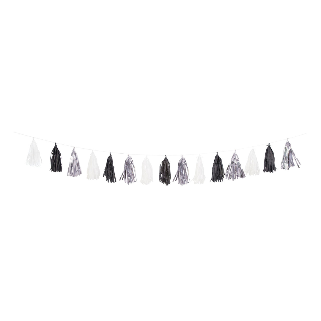 Black and silver tassel garland shiny streamer banner for celebration from Parte Haus party supply store in Bethesda MD