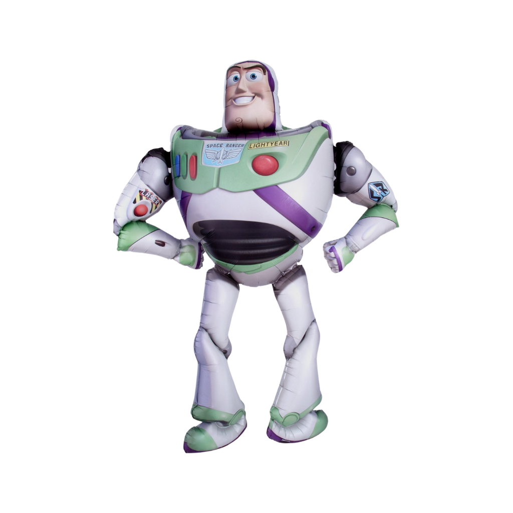 white green Buzz Lightyear foil balloon shaped like a cartoon astronaut Toy Story theme from Parte Haus party supply store in Bethesda MD