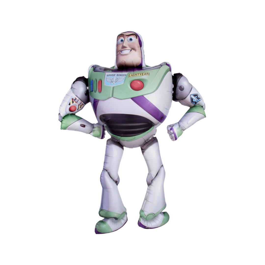 white green Buzz Lightyear foil balloon shaped like a cartoon astronaut Toy Story theme from Parte Haus party supply store in Bethesda MD