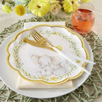 White and gold elephant themed paper plate with floral design baby shower from Parte Haus party supply store in Bethesda MD