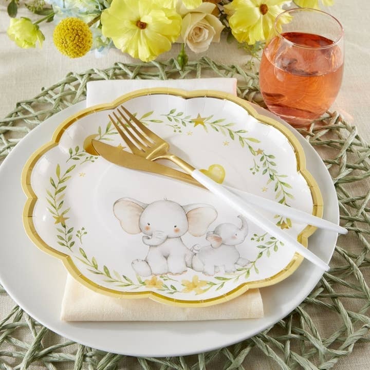 White and gold elephant themed paper plate with floral design baby shower from Parte Haus party supply store in Bethesda MD