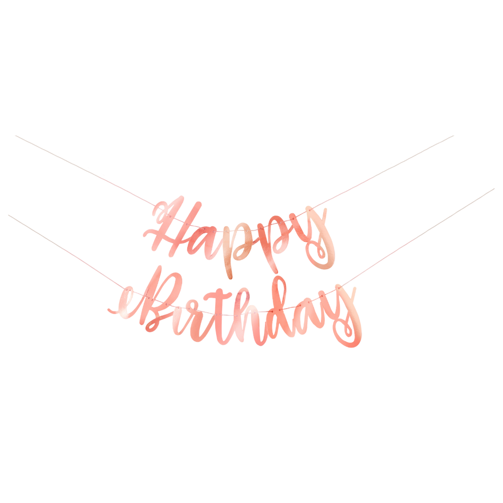 Rose gold happy birthday banner decoration for birthday from Parte Haus party supply store in Bethesda Maryland