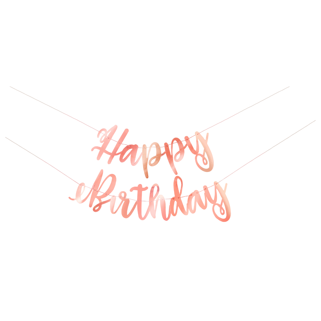 Rose gold happy birthday banner decoration for birthday from Parte Haus party supply store in Bethesda Maryland